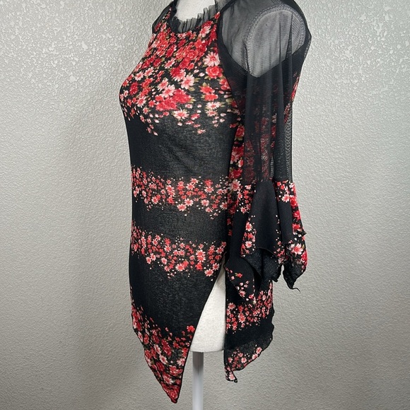 Fashion 100 Paris Black Sheer Cottagecore Floral Boho Asymmetrical Top Sz Small - Picture 3 of 6